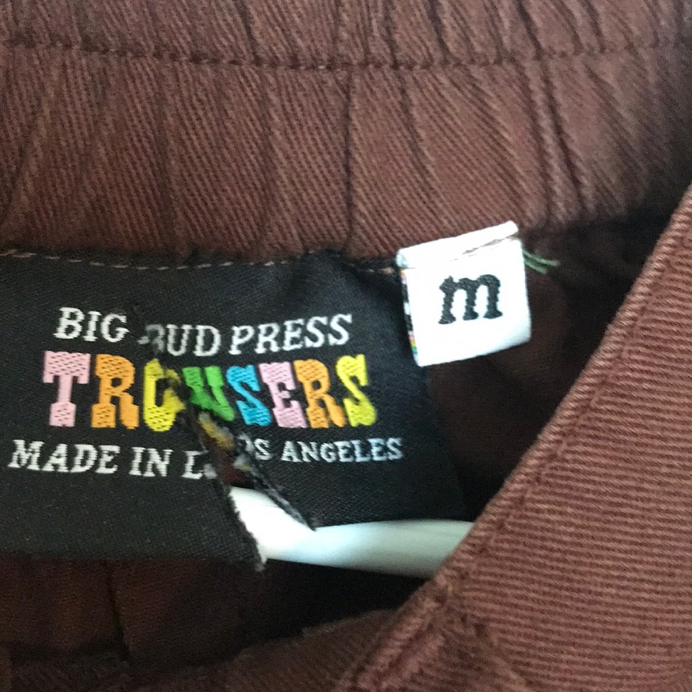 Big Bud Press Brown Trousers Elastic Waist S m - Picture 2 of 3